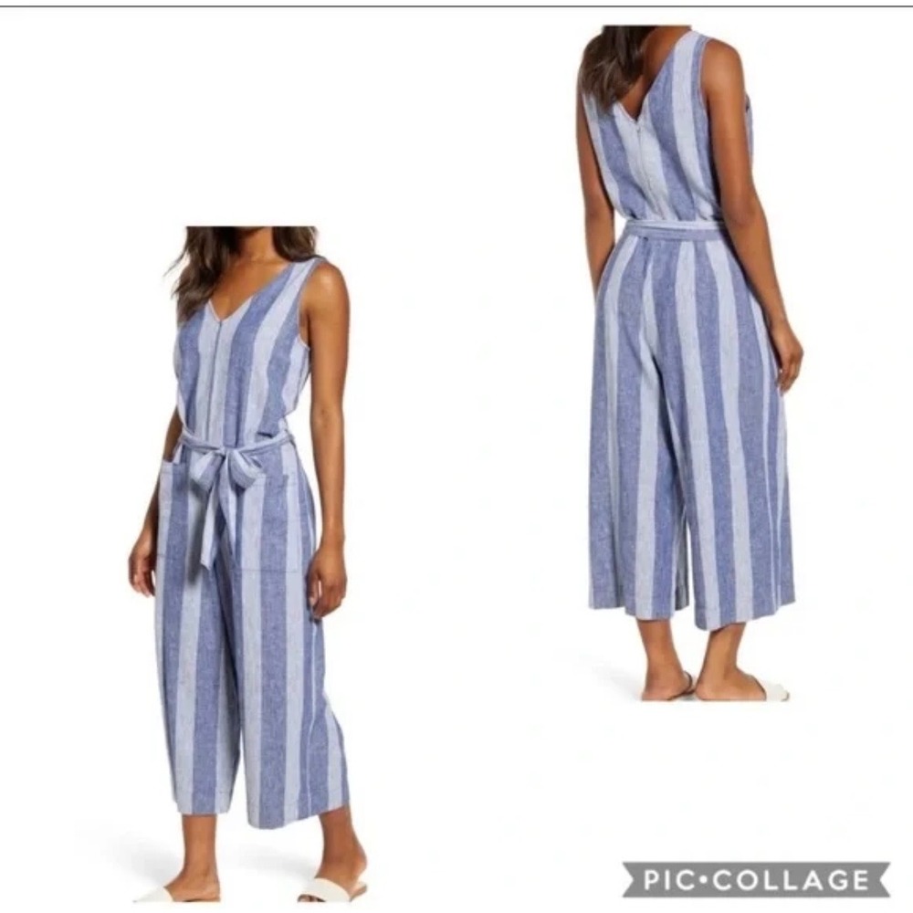 Beachlunchlounge Blue Striped Linen Blend Wide Leg Jumpsuit Medium V-Neck Pocket